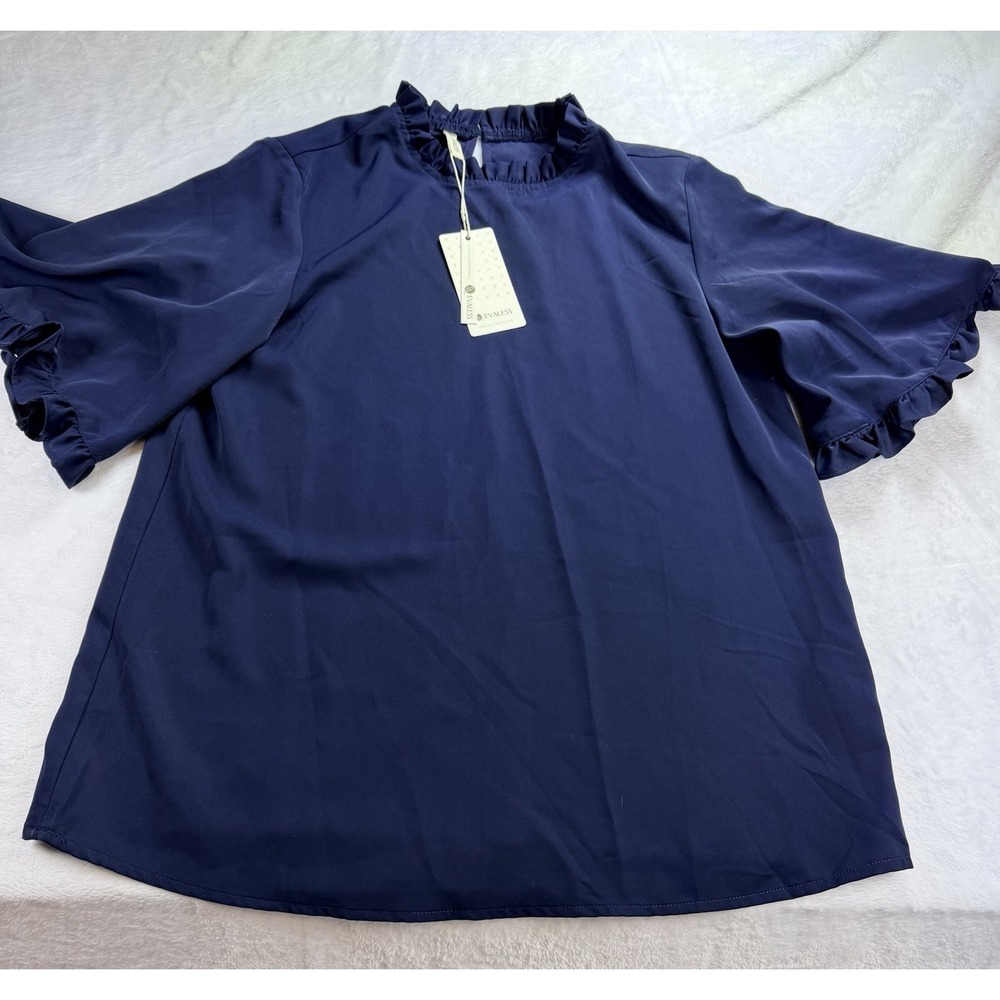 EVALESS Navy Blue Ruffle Flutter Sleeve Women's Blouse Size L Modest Coquette